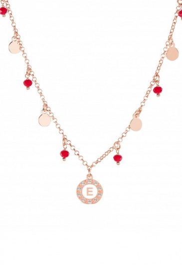 Collana Girocollo Dvccio Venere Argento Rosa Charms Lettera E Pietra Rossa YS9KFFM