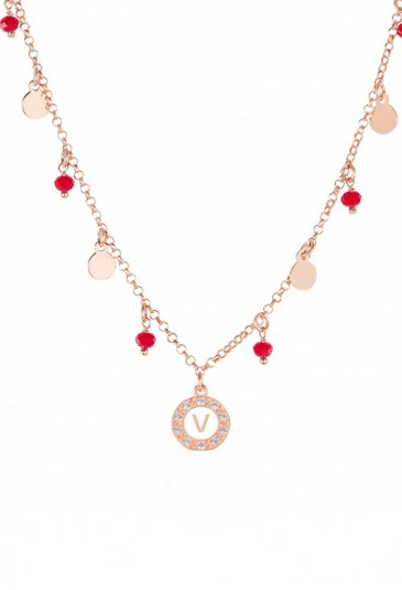 Collana Dvccio Argento Rosa Lettera V Pietra Rossa AJITWFM