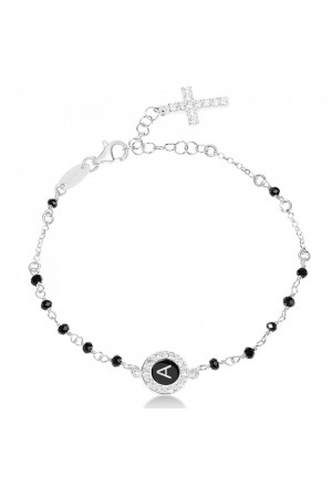 Bracciale Rosario Dvccio Heave Argento Pietre Nere Croce Cristalli Smalto Nero Lettera A 8DP77FM