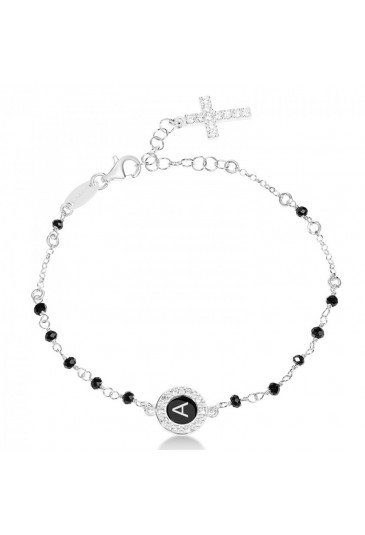 Bracciale Dvccio Rosario Argento Croce Lettera A Cristalli Neri Smalto Nero 8DP77FM