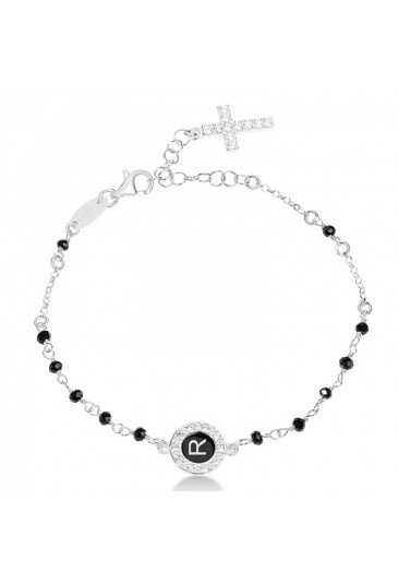 Bracciale Rosario Dvccio Heave Argento Pietre Nere Croce Cristalli Smalto Nero Lettera R IRAOAFM