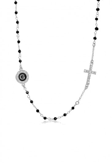 Collana Rosario Girocollo Dvccio Heave Argento Pietre Nere Croce Cristalli Smalto Nero Lettera G TN4FAFM