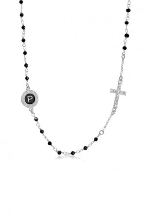 Collana Rosario Girocollo Dvccio Heave Argento Pietre Nere Croce Cristalli Smalto Nero Lettera P PY6KTFM