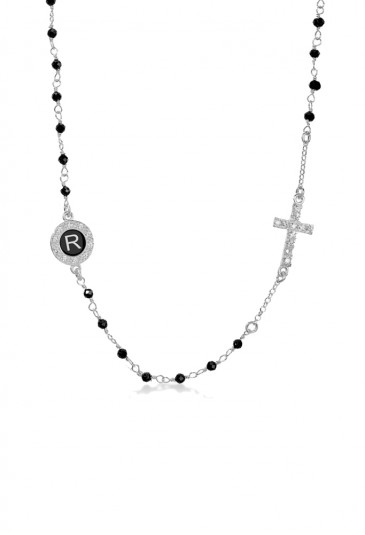 Collana Rosario Girocollo Dvccio Heave Argento Pietre Nere Croce Cristalli Smalto Nero Lettera R LBU99FM