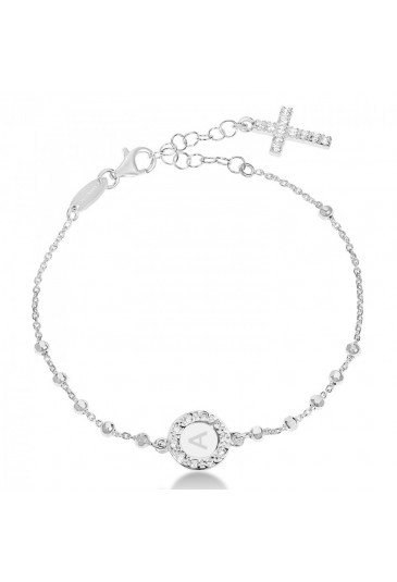 Bracciale Rosario Dvccio Heave Argento Croce Cristalli Smalto Bianco Lettera A JNLT5FM