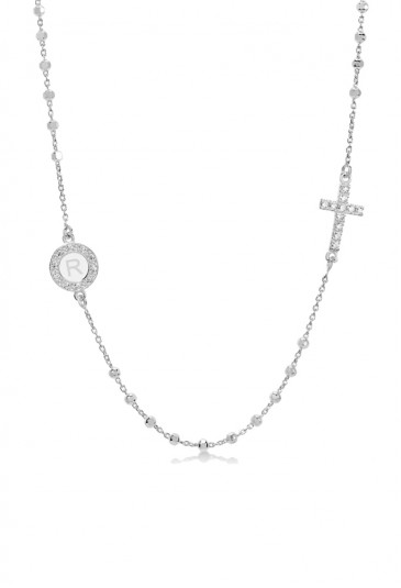 Collana Rosario Dvccio Heave Girocollo Argento Croce Cristalli Smalto Bianco Lettera R V6JXAFM