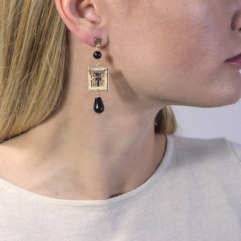 Orecchini Lunghi Donna Lebole Gioielli - Buddha Nero Con Pietre Naturali - Made In Italy
