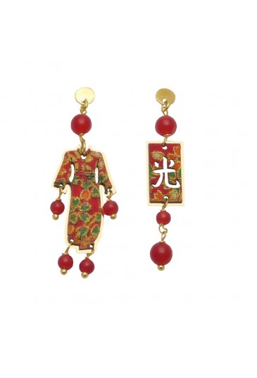 Orecchini Asimmetrici Lebole Gioielli Kimono Mini Argento Seta Giapponese Pietra Rosso Rubino GZFNXFM