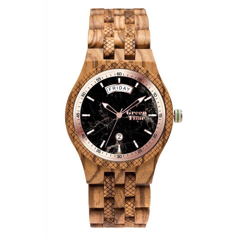 Orologio Legno Zebrano Quadrante Marmo Nero SoloTempo Giorno Data