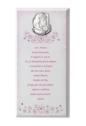 Quadro Sacro Bambina Rosa Preghiera Argento 925 Legno Acca 156R.1