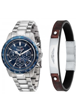 Kit Regalo Orologio + Bracciale Sector 550 Cronografo Chrono Blu Cuoio Uomo R3273993005