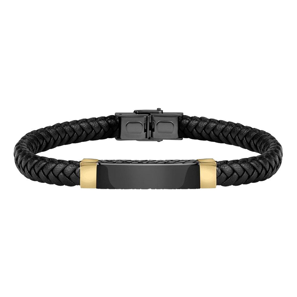 Bracciale Sector Cuoio Nero Acciaio Laminato Gold Targa Uomo SZV83