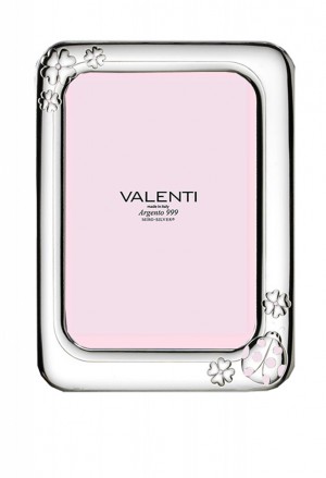 Cornice Portafoto Bimba Rosa Argento Laminato Disegno Coccinella Dimensione 17x22 Regalo Battesimo Valenti XKY17FM