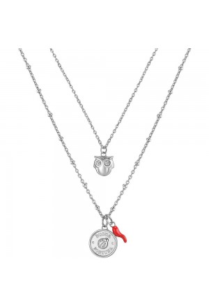 Collana Doppio Filo Broswey Chakra Pendenti Portafortuna Charm Gufo Coccinella Cornetto Acciaio Cristalli BHKN068