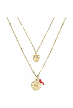 Collana Doppio filo Broswey Chakra Pendenti Portafortuna Charm Gufo Coccinella Cornetto Acciaio Dorato Cristalli BHKN069