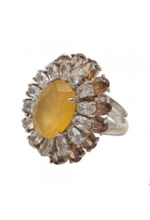 Anello Centrale Quarzo Sfaccettato Cristalli Brown Cristalli White Argento Fantasia Monile UJZNVFM