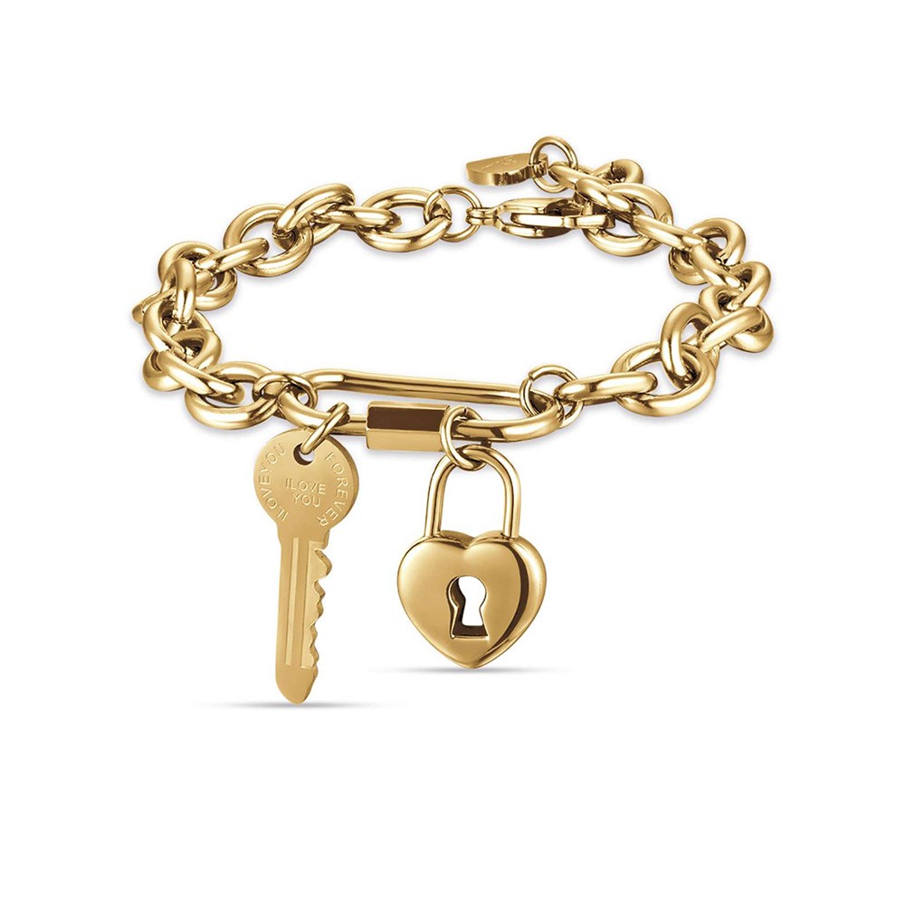Set Gioielli Cuore Amore In Acciaio Inossidabile - Bracciale A Blocco E Collana Con Ciondolo Chiave - Argento, Oro Rosa, Oro - Foto 3