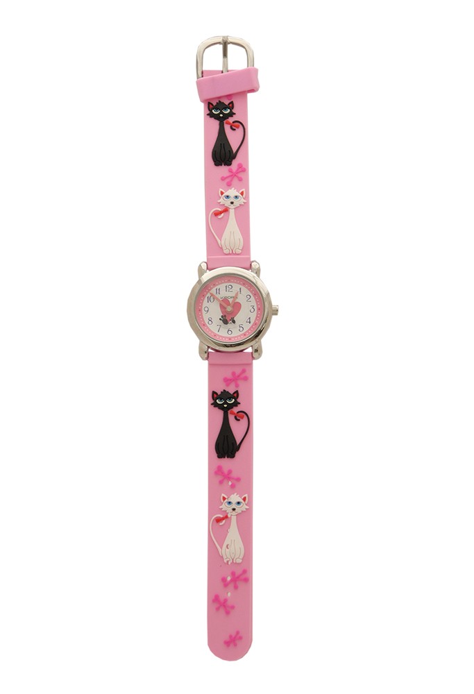 Orologio Da Polso Acciaio Gomma Colore Rosa Disegno Gatto PJ0551-5