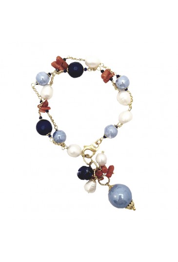 Bracciale Due Fili Pietre Dure Blu Argento Dorato Perle Coralli Sike Jewel 1394-1BR