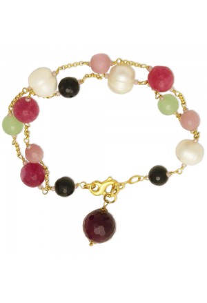 Bracciale Due Fili Pietre Dure Rosa Verde Argento Dorato Perle Giada Agata Sike Jewel 1121-5BR