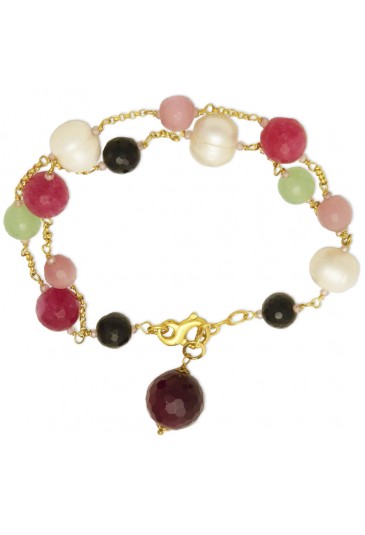 Bracciale Due Fili Pietre Dure Rosa Verde Argento Dorato Perle Giada Agata Sike Jewel 1121-5BR