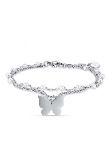 Bracciale Luca Barra Doppio Filo Perle Bianche Charm Farfalla Acciaio BK2251