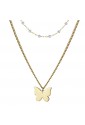 Collana Luca Barra Doppio Filo Perle Bianche Charm Farfalla Acciaio Dorato CK1677