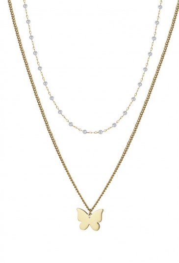 Collana Luca Barra Doppio Filo Perle Bianche Charm Farfalla Acciaio Dorato CK1677
