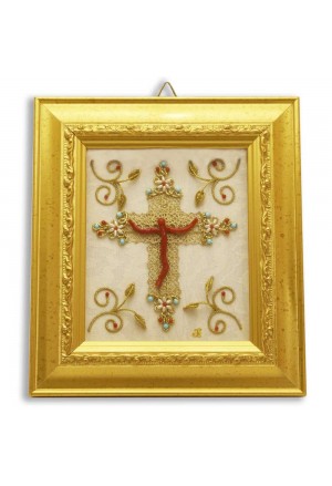 Quadro Crocefisso Coralli Turchesi Perle Artigianale Fatto A Mano Made In Italy Cornice Dorata Misura 15x17 Xhilone CRO/GHI-171