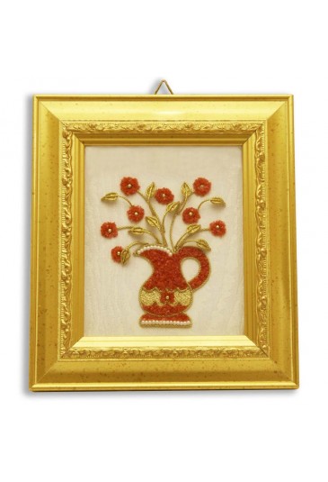 Quadro Vaso Di Fiori Coralli Lavorazione Artigianale Fatto A Mano Made In Italy Cornice Dorata Misura 15x17 Xhilone LC 112/2