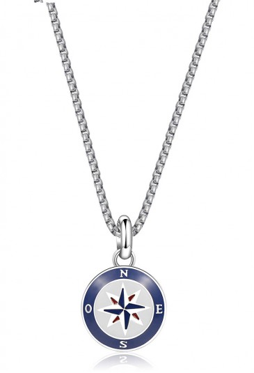 Collana Brosway Horizon Acciaio Pendente Rosa Dei Venti Smalto Rosso Blu Bianco Uomo BHO04