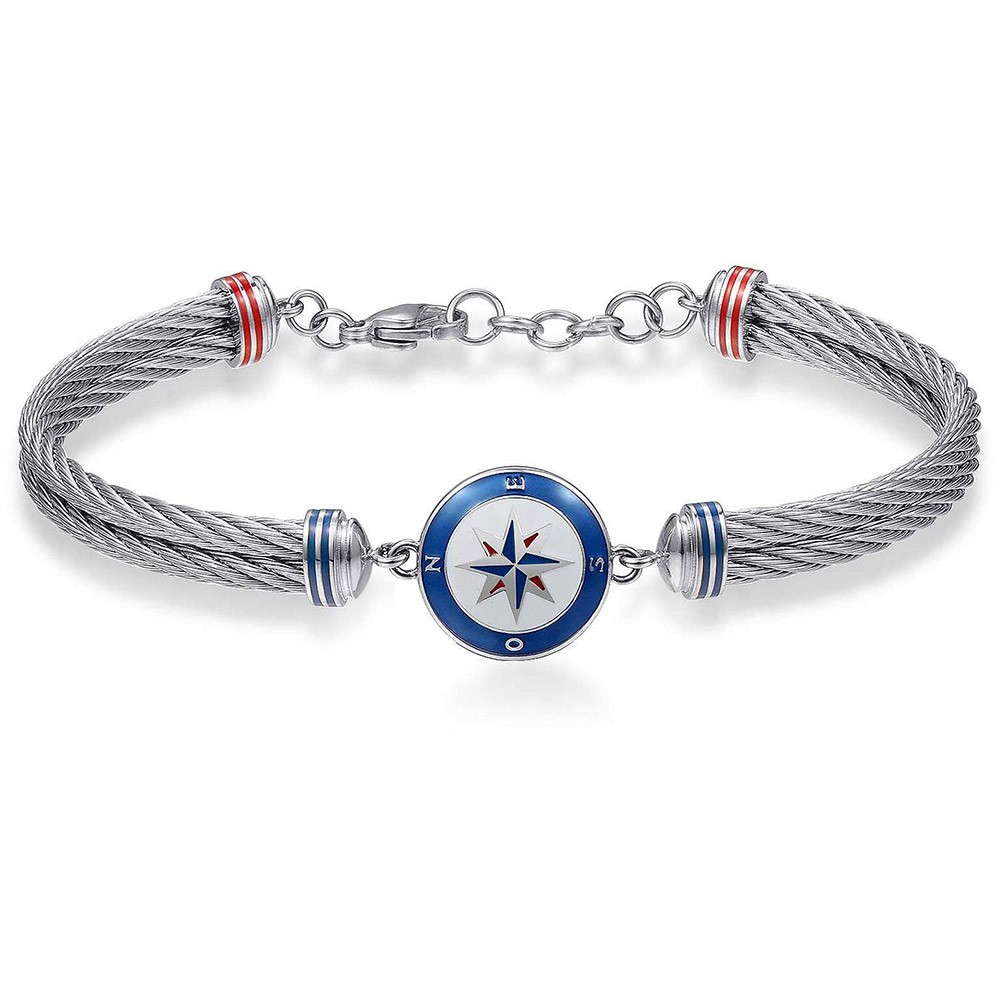 Bracciale Uomo In Acciaio Con Rosa Dei Venti E Cordino Blu - Gioiello Nautico Regolabile, Lungo 21 Cm