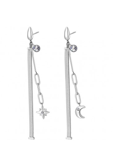 Orecchini Lunghi Brosway Chant Pendenti Rosa Dei Venti Luna Acciaio Cristalli Swarovski BAH53