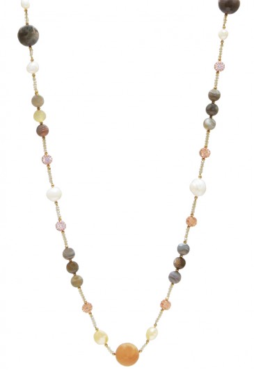 Collana Lunga Pietre Naturali Quarzi Brown Grigi Perle Lunghezza 140 Cm Fantasia Monile PMU67FM