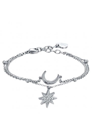 Bracciale Luca Barra Doppio Filo Acciaio Charm Luna Stella Cristalli Bianchi BK2310