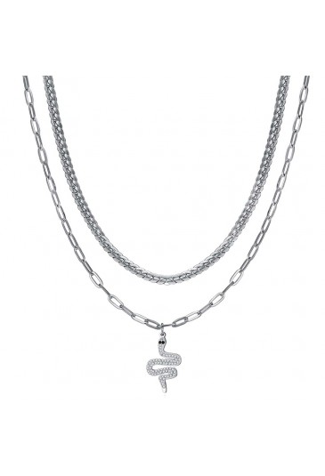 Collana Girocollo Luca Barra Doppio Filo Acciaio Pendente Serpente Cristalli Bianchi Neri CK1738