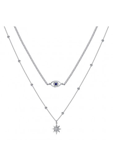 Collana Girocollo Luca Barra Doppio Filo Acciaio Charm Occhio Stella Cristalli Bianchi CK1744