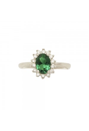 Anello Pietra Verde Oro Bianco 9KT Zirconi Misura 14 Fantasia Monile UU9AHFM