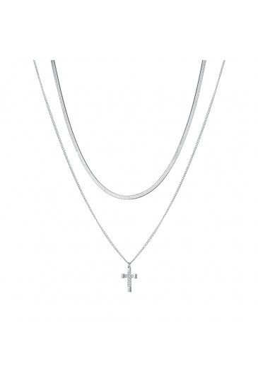 Collana Luca Barra Acciaio Anallergico Doppio Filo Pendente Croce Cristalli Bianchi CK1831