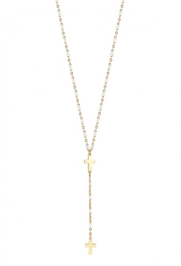 Collana Rosario Luca Barra Acciaio Anallergico Gold Croci Sfere Bianche CK1834