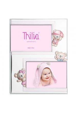 Cornice Portafoto Doppia Bimba Decorazioni Rosa Argento Bilamina Misura 10X15 Regalo Battesimo Thilia 453317