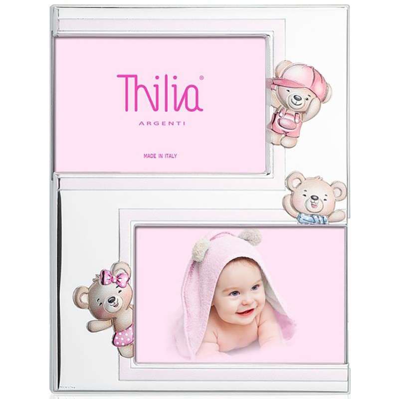 Cornice Portafoto Doppia Bimba Decorazioni Rosa Argento Bilamina Misura  10X15 Regalo Battesimo Thilia 453317 - Fantasia Monile