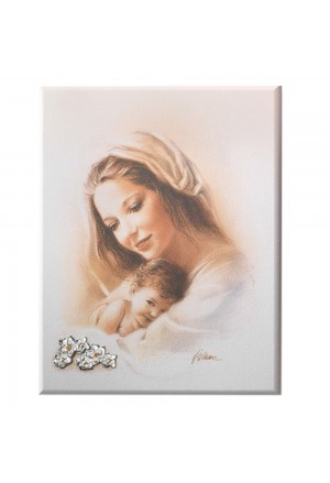 Quadro Sacro Madonna Con Bambino Legno Argento 925 Misura 32x45 Regalo Nozze Acca 60DF.1