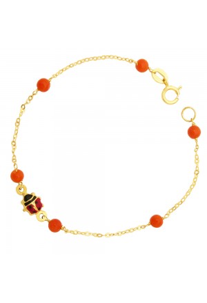Bracciale NeonatO Corallo Rosso Coccinella Oro Giallo 18KT Regalo Nascita Fantasia Monile FHCT3FM