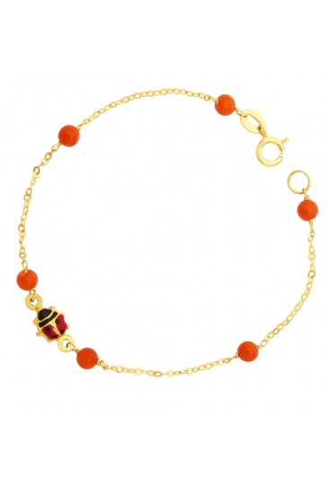 Bracciale NeonatO Corallo Rosso Coccinella Oro Giallo 18KT Regalo Nascita Fantasia Monile FHCT3FM