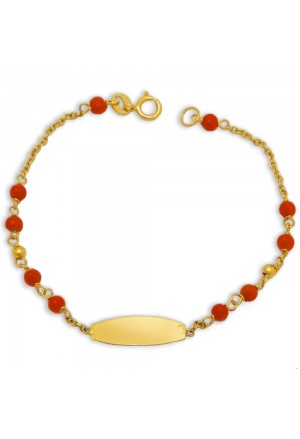 Bracciale Neonati Corallo Rosso Piastrina Centrale Oro Giallo 18KT Regalo Nascita Fantasia Monile JCE8QFM