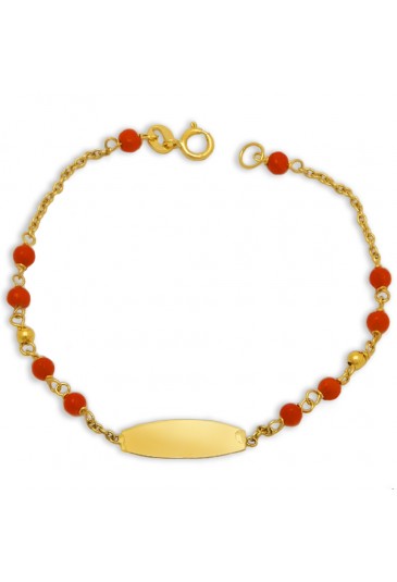 Bracciale Neonati Corallo Rosso Piastrina Centrale Oro Giallo 18KT Regalo Nascita Fantasia Monile JCE8QFM