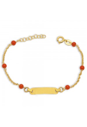 Bracciale Neonati Corallo Rosso Piastrina Centrale Oro Giallo 18KT Regalo Nascita Fantasia Monile JCE8QFM