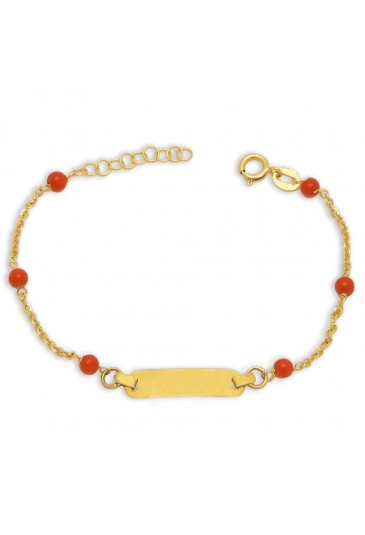 Bracciale Neonati Corallo Rosso Piastrina Centrale Oro Giallo 18KT Regalo Nascita Fantasia Monile JCE8QFM