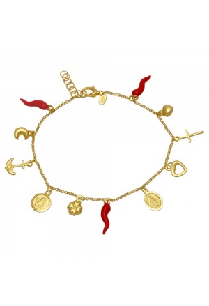 Bracciale Oro Giallo 18KT Charms Corno Rosso Angelo Madonna Miracolosa Croce Quadrifoglio Cuore Fantasia Monile FBWXKFM